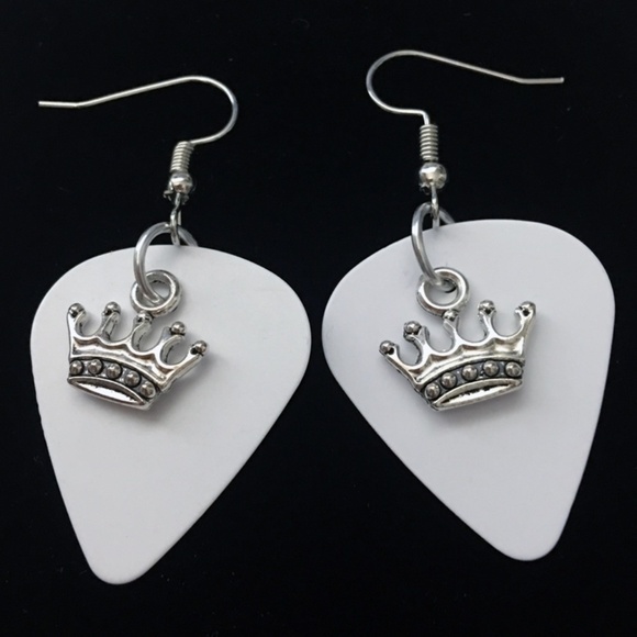 HAND Crafted Princess Crown Earrings Repurposed Guitar Picks Silver Tone - Picture 1 of 5